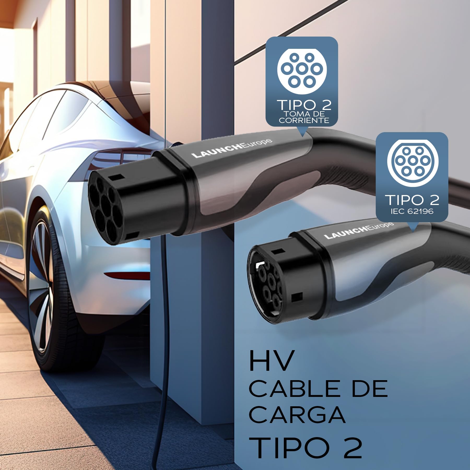 LAUNCH Cable Carga Coche Electrico (16 A, 11 kW, 7 m, Trifásico), EV Cable de Extensión Tipo 2 Compatible con Cargador EV, Estación de Carga, IP55, para Vehículos Eléctricos (EV/PHEV)