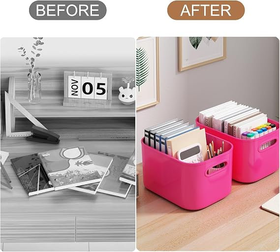 ORGIDOL 8 Pack Pink Storage Bins with Lids Stackable Storage Container for Organizing, Storage Boxes with Handle for Shelves, Cute Storage Bin for Craft, Snacks, 9.85x6.9x5.7 inch