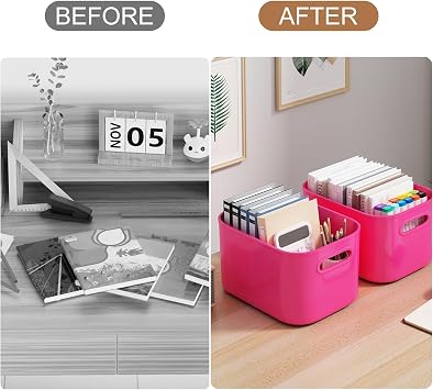 ORGIDOL 8 Pack Pink Storage Bins with Lids Stackable Storage Container for Organizing, Storage Boxes with Handle for Shelves, Cute Storage Bin for Craft, Snacks, 9.85x6.9x5.7 inch