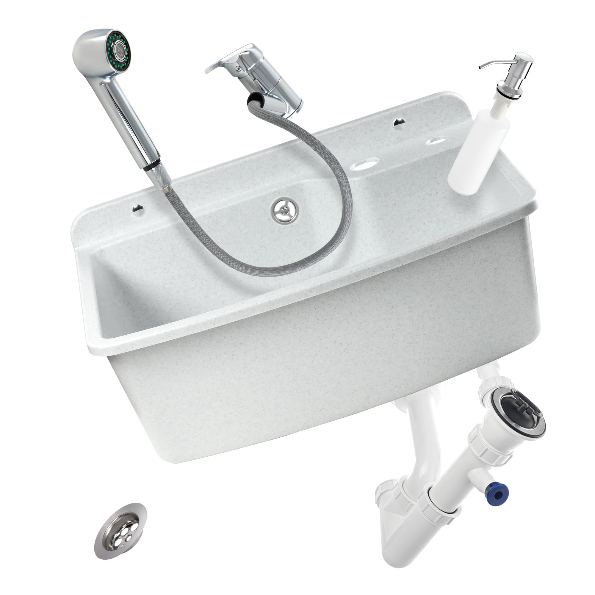 GOSPO Lavabo avec robinet extensible, 61 x 44 x 23,5 cm, bac de lavage avec distributeur de savon, siphon, évier avec accessoires, buanderie, lavabo industriel, blanc