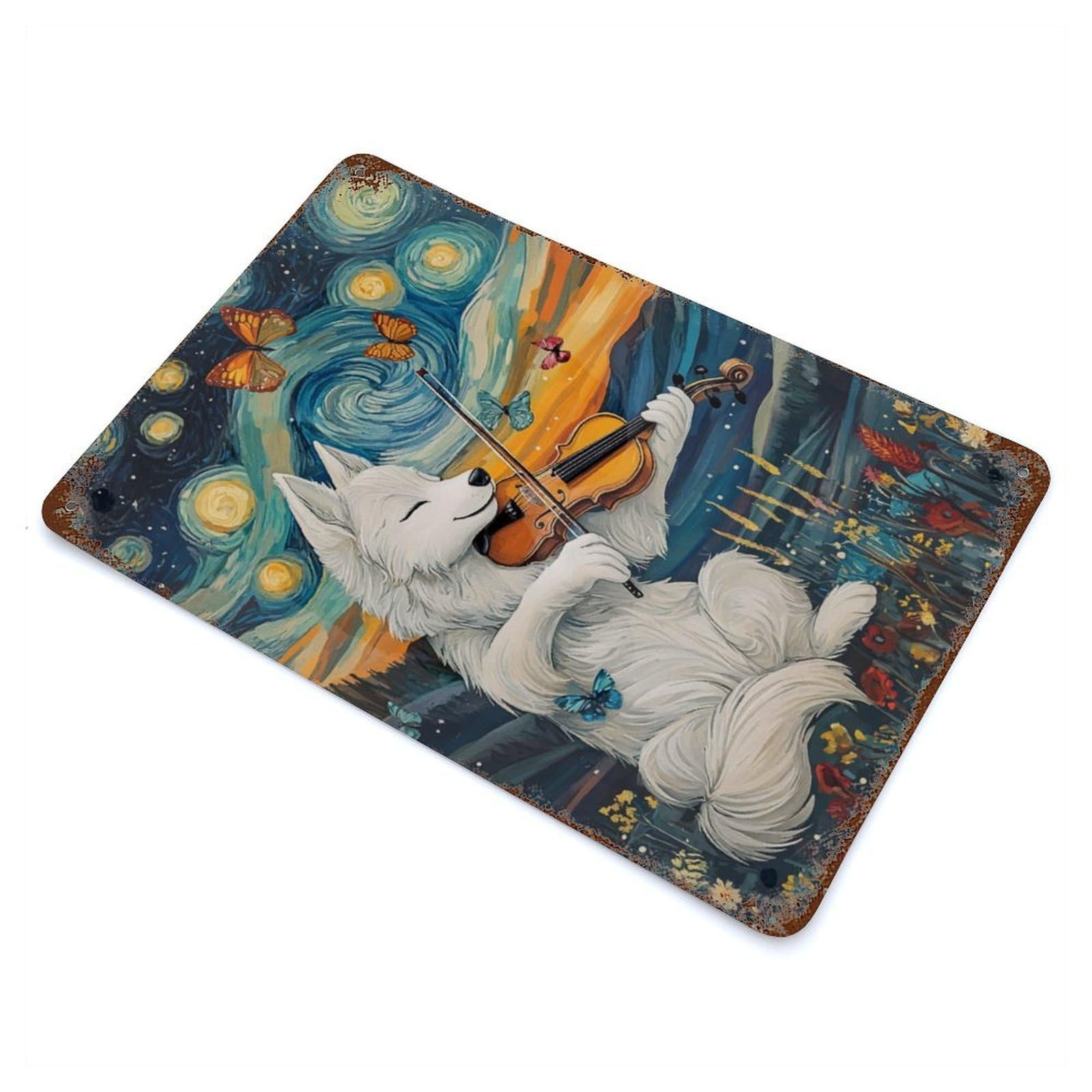 Wolf Playing Violin Decorative Tin Sign 11.8"x7.9", Industrial Home Decor for Garage, Pub Or Kitchen