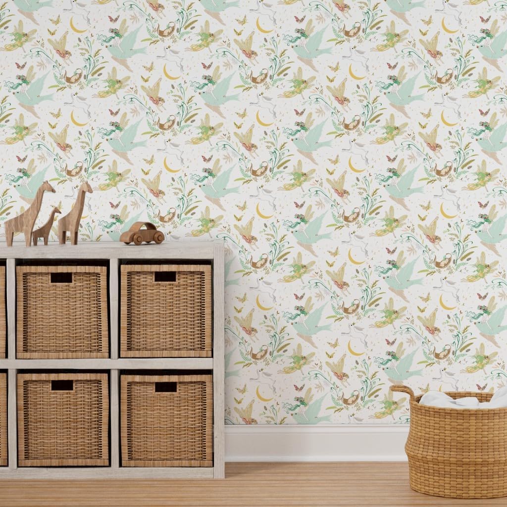 Removable Wallpaper 12ft x 2ft - Fairies White Fairy Girl Rabbit Bird Forest Custom Pre-Pasted Wallpaper by Spoonflower