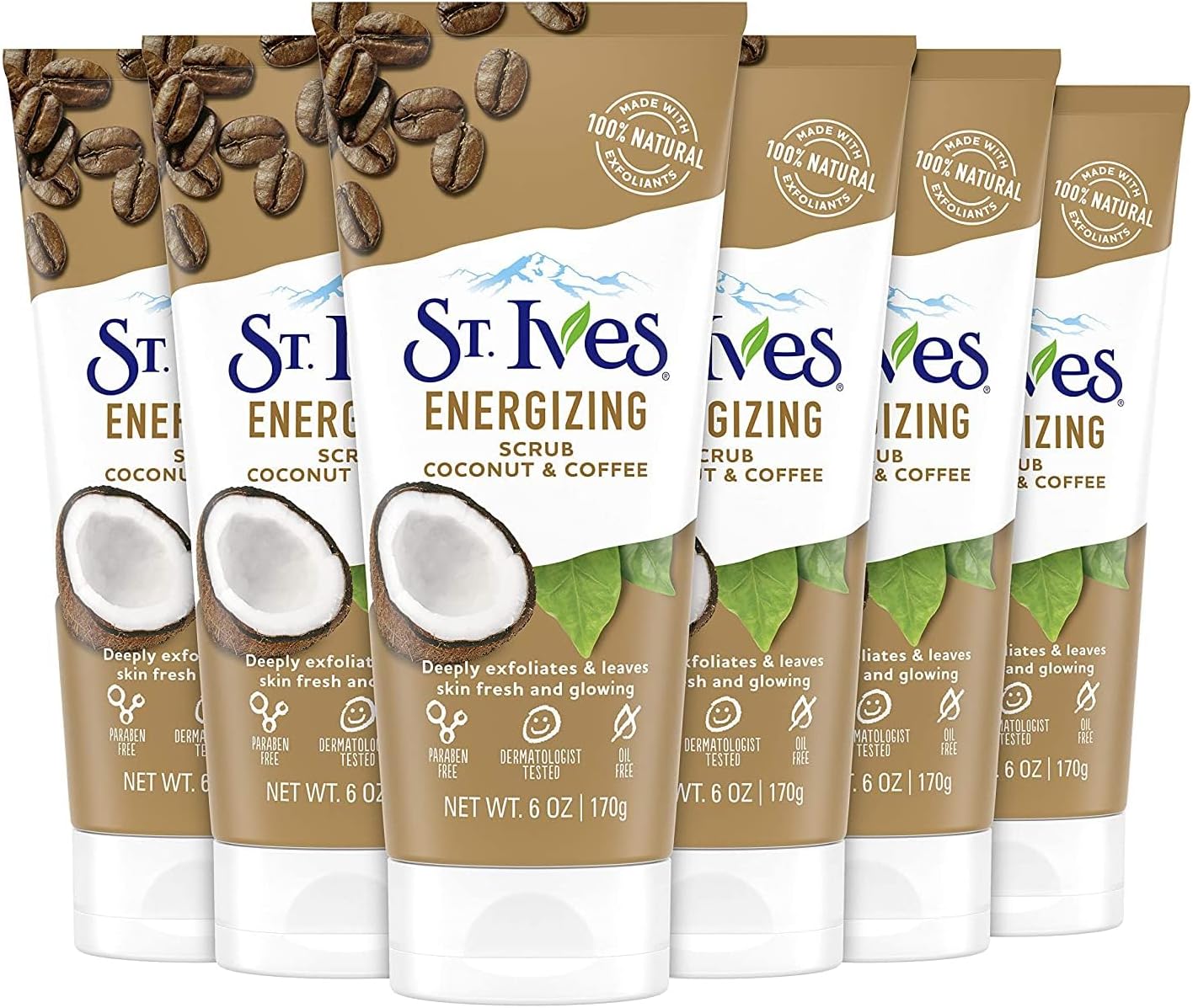 Facial Scrub, Energizing Coconut & Coffee 6-Pack – Deep Exfoliant for Fresh, Glowing Skin, 6 Oz Ea
