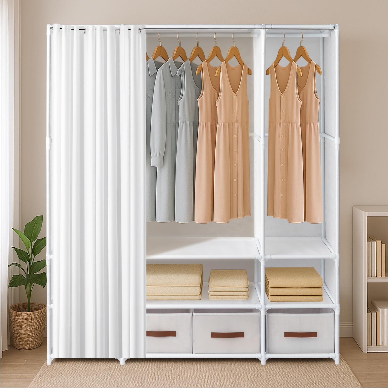 Alightup Armoire de Rangement avec Rideau, Penderie, Dressing, Armoire Métallique, avec Barres de Suspension, Porte-vêtements, pour Vestiaire, Chambre, 144 x 45 x 166 cm (Blanc, 144 x 45 x 166 cm)