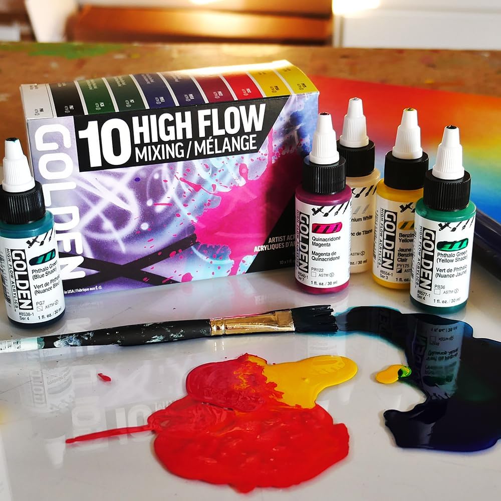 High Flow Acrylics by GOLDEN, High Flow Mixing Set, 10 Colors, Professional Acrylic Paint
