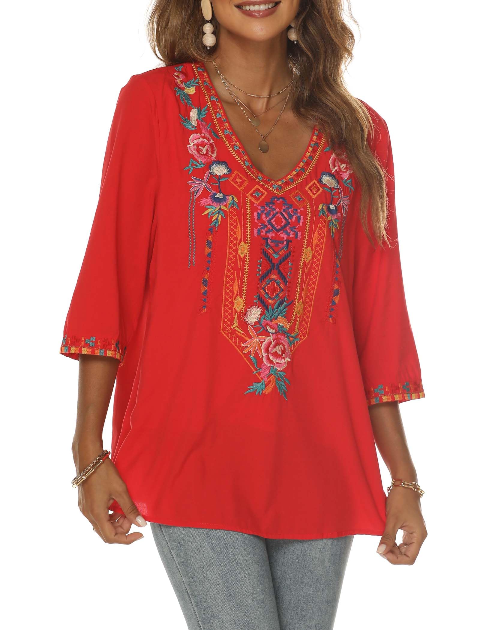 AK Embroidered Tops for Women 3/4 Sleeve Peasant Blouse Mexican Shirts V Neck Traditional Tunic Casual Tops