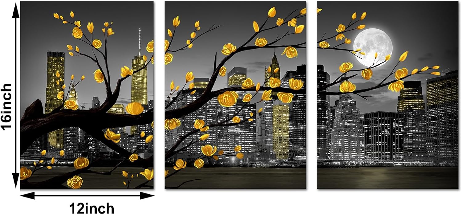 HOMEOART New York City Wall Art Yellow Grey Flower Painting Floral Picture Black White Cityscape Canvas Prints Framed Artwork Living Room Bedroom Decoration 12"x16"x3 Pieces
