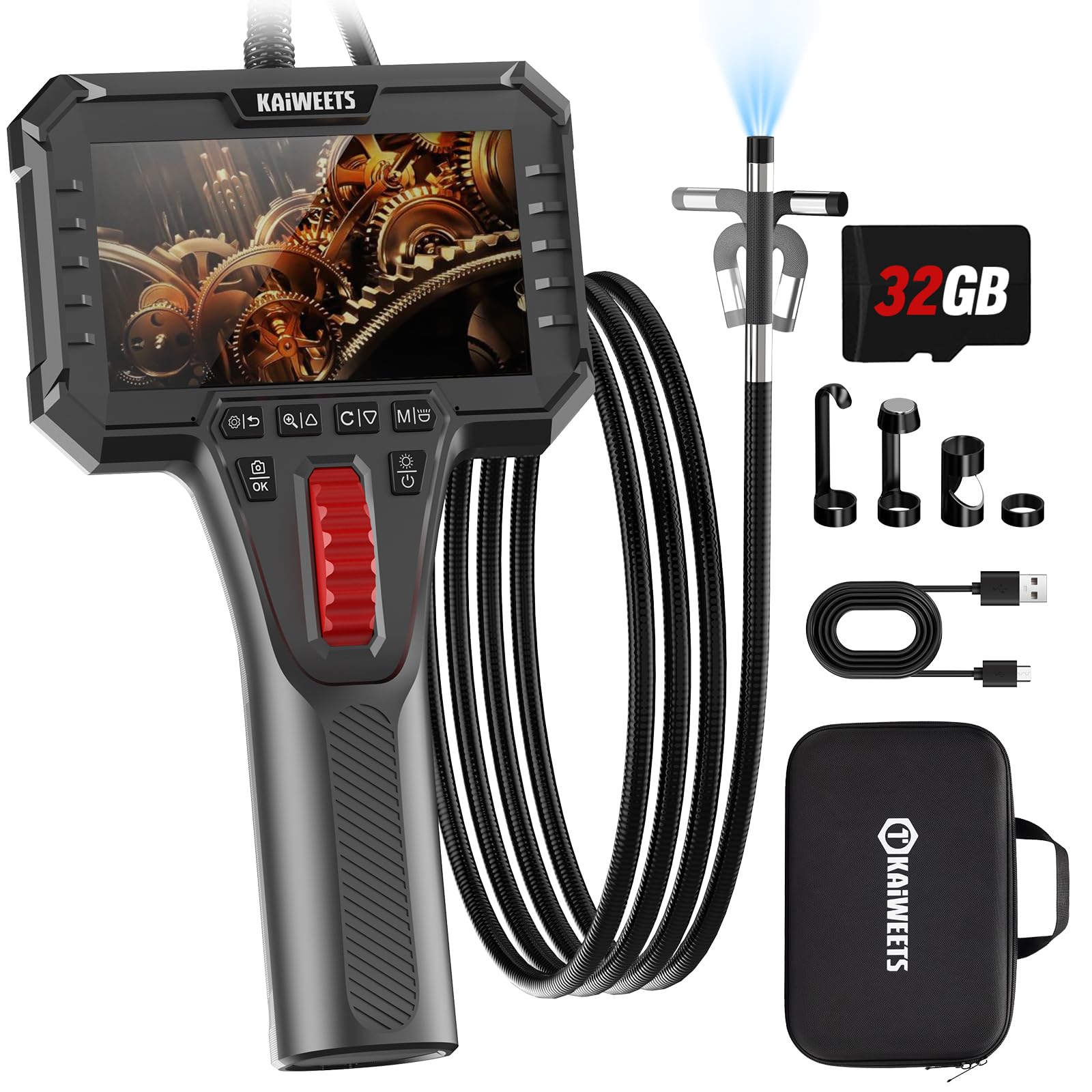 KAIWEETS Endoskopkamera mit Licht, 2-Wege artikulierte 210° Sonde (6,5 mm) mit Scrollradsteuerung, 1080P IPS-Display, 1,6 m halbstarres Kabel, IP67 wasserdicht, für Auto, Heizung, Sanitär & Industrie