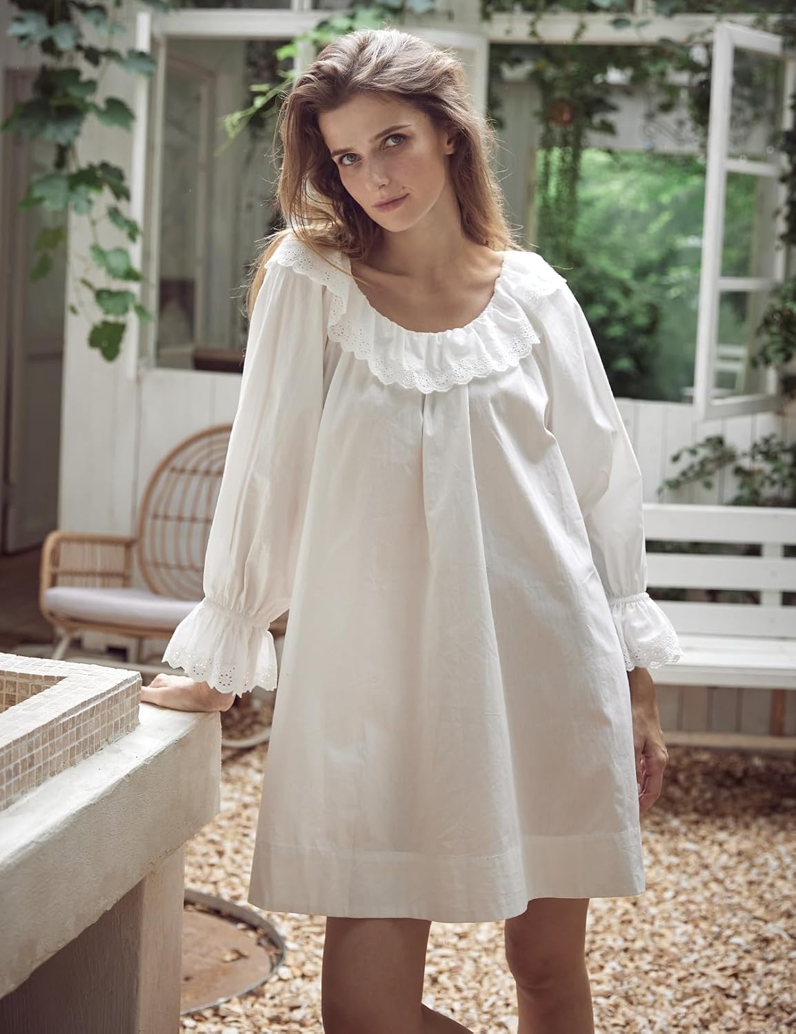 BEAUTELICATE 100% Cotton Women Renaissance Peasant NightGown Shirt Ruffled Sleeve Round Collar with Lace Trim OffWhite - Image 2