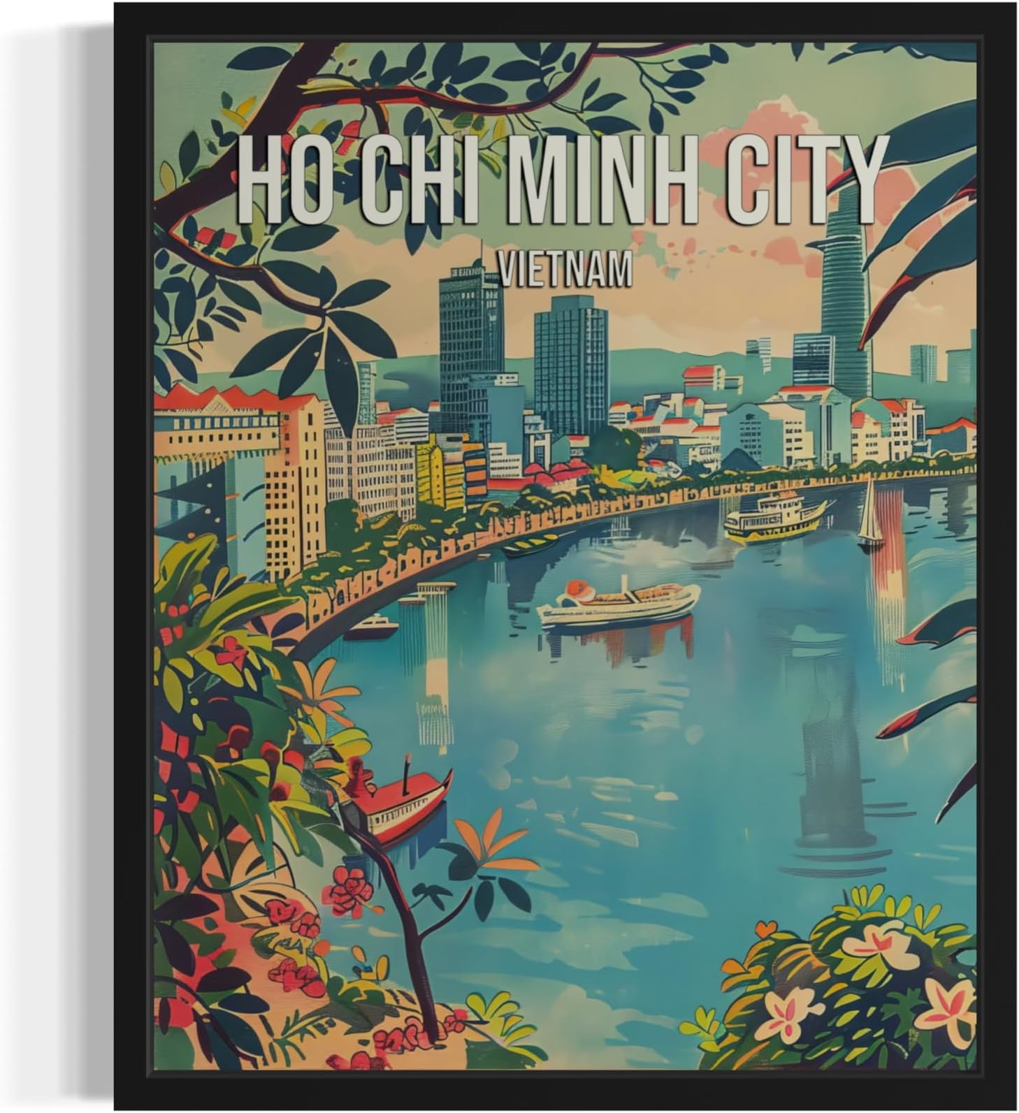 Ho Chi Minh City Vietnam Wall Art Poster Print, Asian Landscape Scenery Painting Artwork Travel Decor Cityscape Landmarks Gallery 26 (16 x 20 inches, Black Frame)