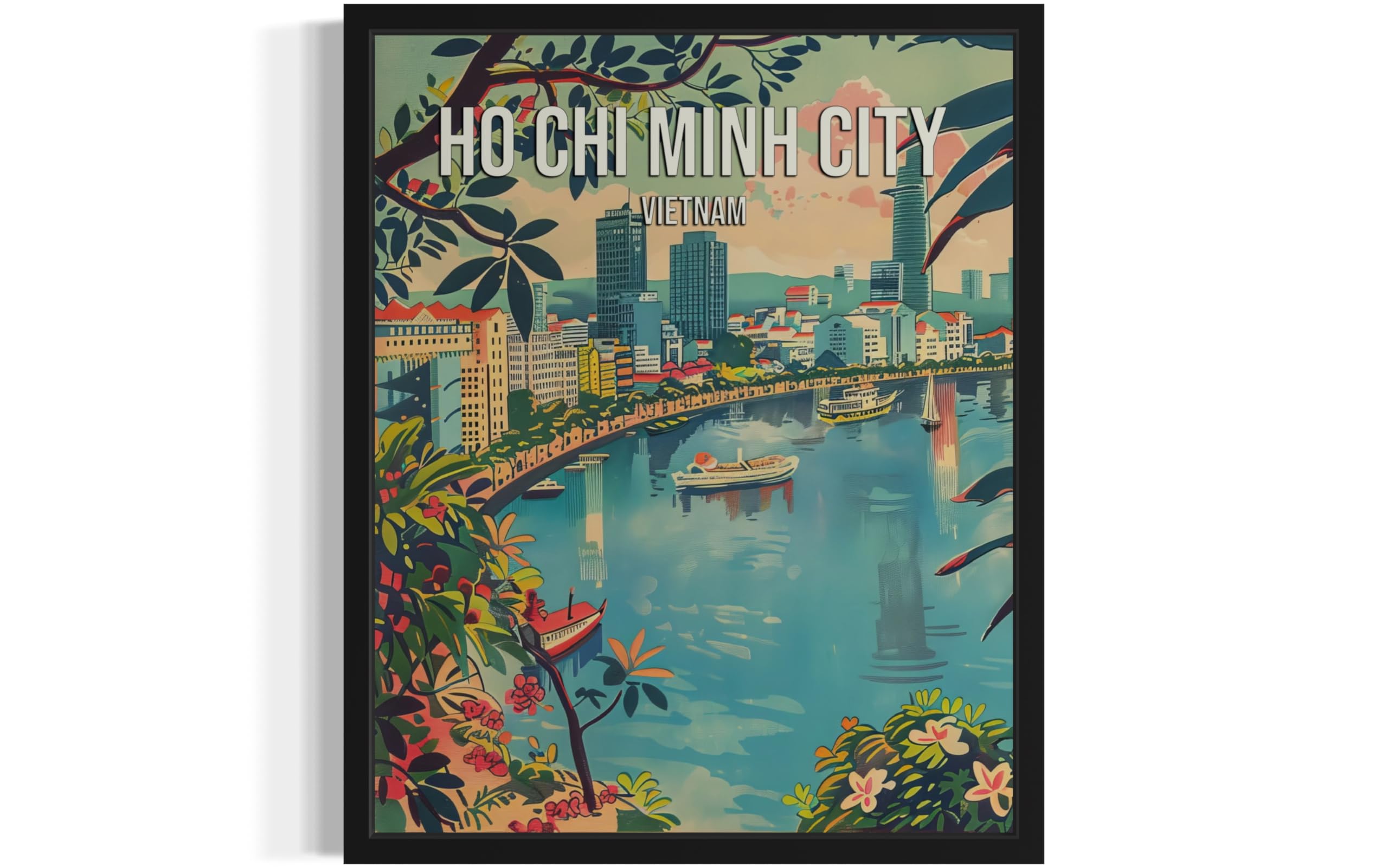 Ho Chi Minh City Vietnam City Wall Art Poster Print, Asian Landscape Scenery Painting Artwork Travel Prints Decor Cityscape Landmarks Gallery 26 (Ho Chi Minh City Vietnam 1, 16 x 20 inches, Black Frame)