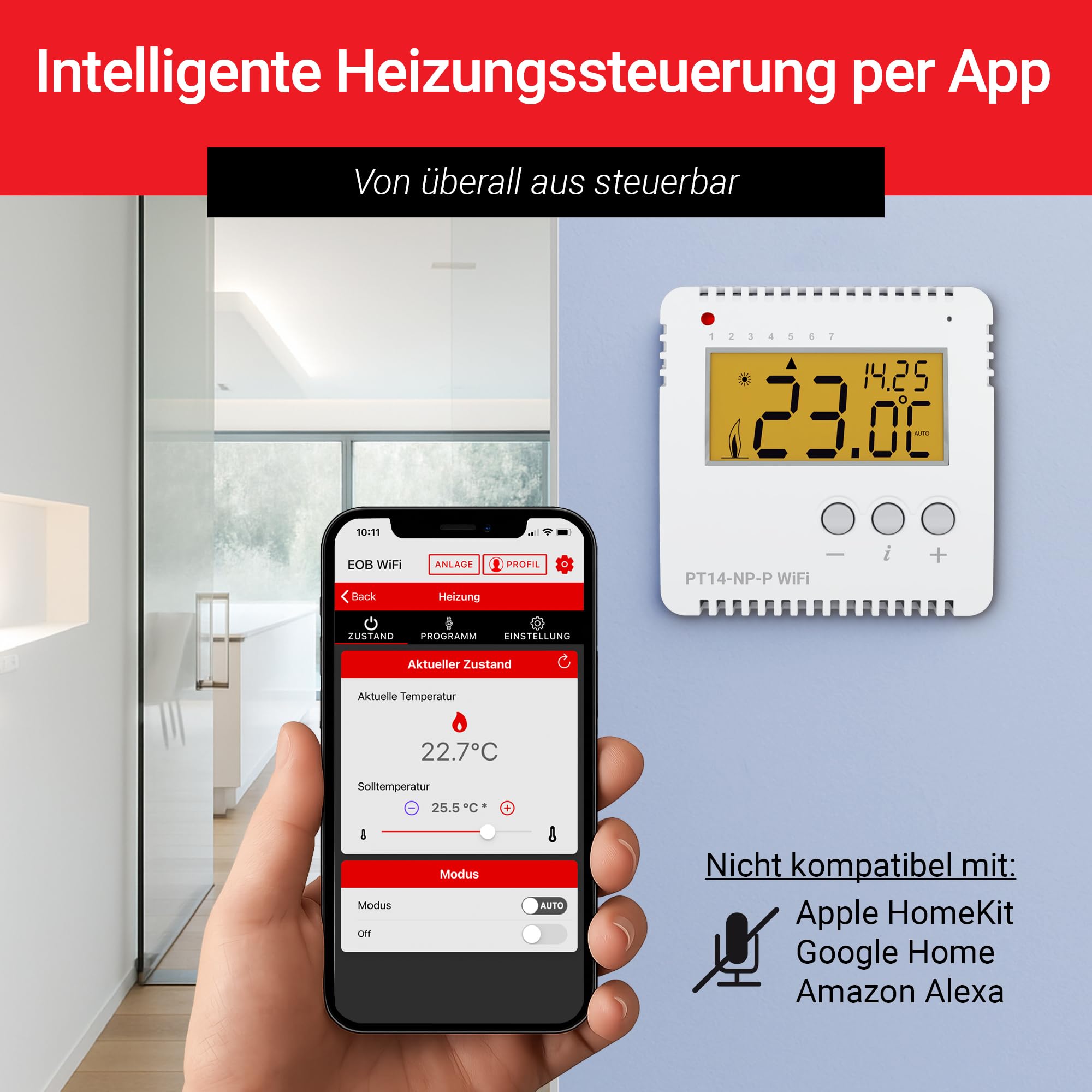 ELEKTROBOCK PT14-NP-P WiFi – inteligentny termostat pokojowy WLAN 230 V – sterowanie ogrzewaniem za pomocą aplikacji – montaż natynkowy – 16 A bez potencjałów – regulowane programy tygodniowe i