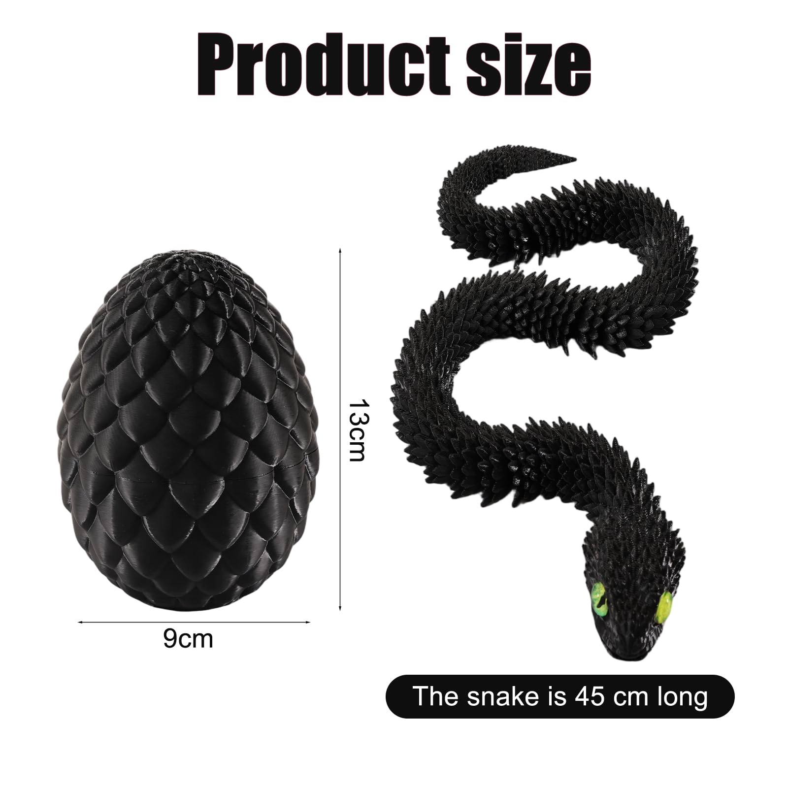 Joycabin Serpente Giocattolo 3D Stampato, Uovo di Drago 3D Stampato Pasqua, Uova di Serpente, Animali 3D Stampati Giocattolo per Bambini Regali, Decorazione da Scrivania e Casa (45cm/Nero)