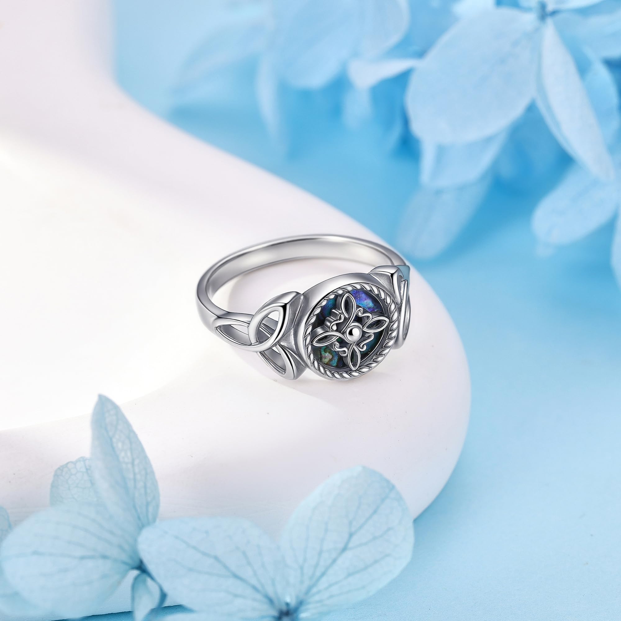 ONEFINITY Anillo de nudo de bruja de plata de ley 925, anillo celta con concha de abulón, joyería para mujer