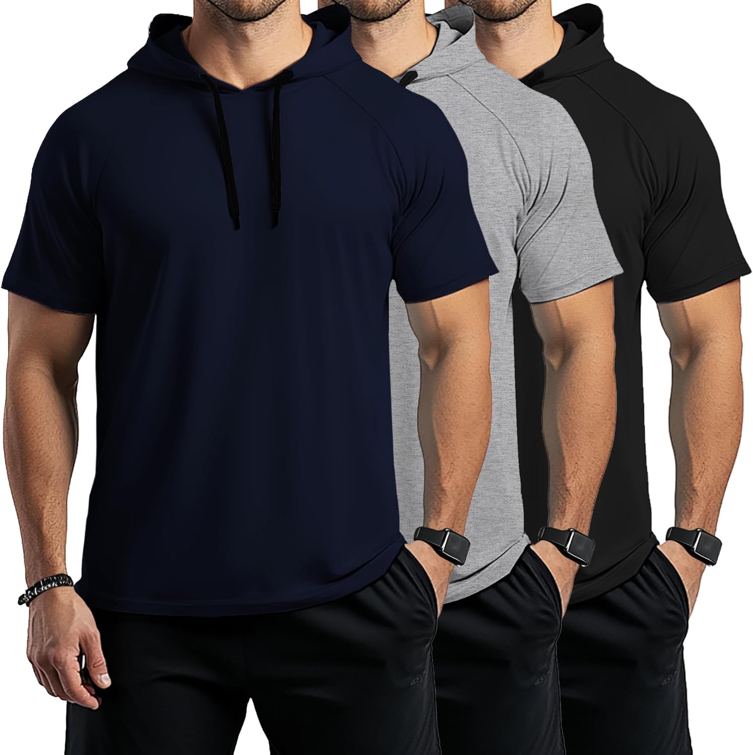 Ficerd 3 Pack Big and Tall Men's Hoodie Short Sleeve Workout T Shirts Casual Running Athletic Pullover Sweatshirt