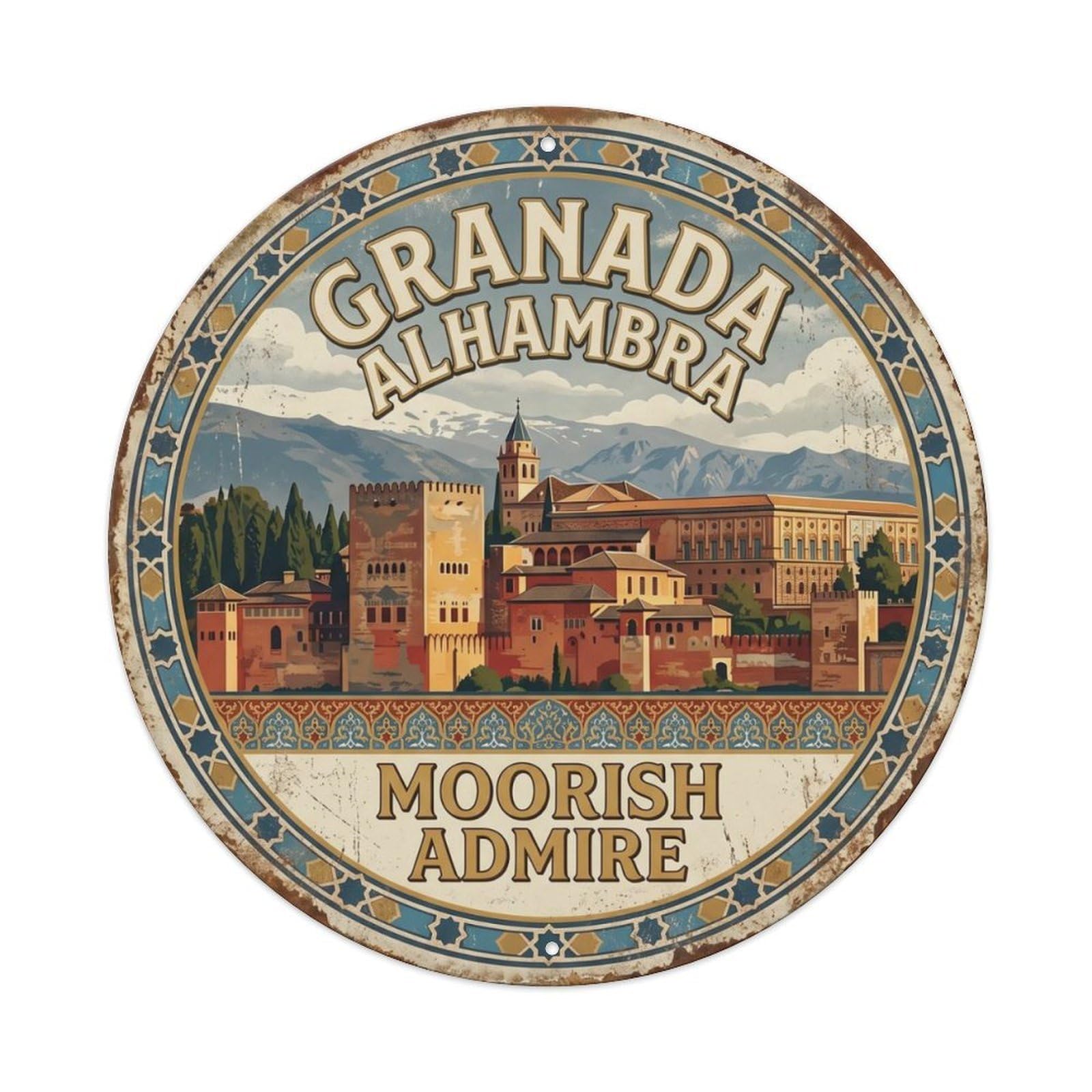 Alhambra Moorish Admire Granada Landmark Metal Tin Sign Plaque Wall Decor for Cafe, Club Bar, Office, Home Garden Round Metal Poster 8x8Inch