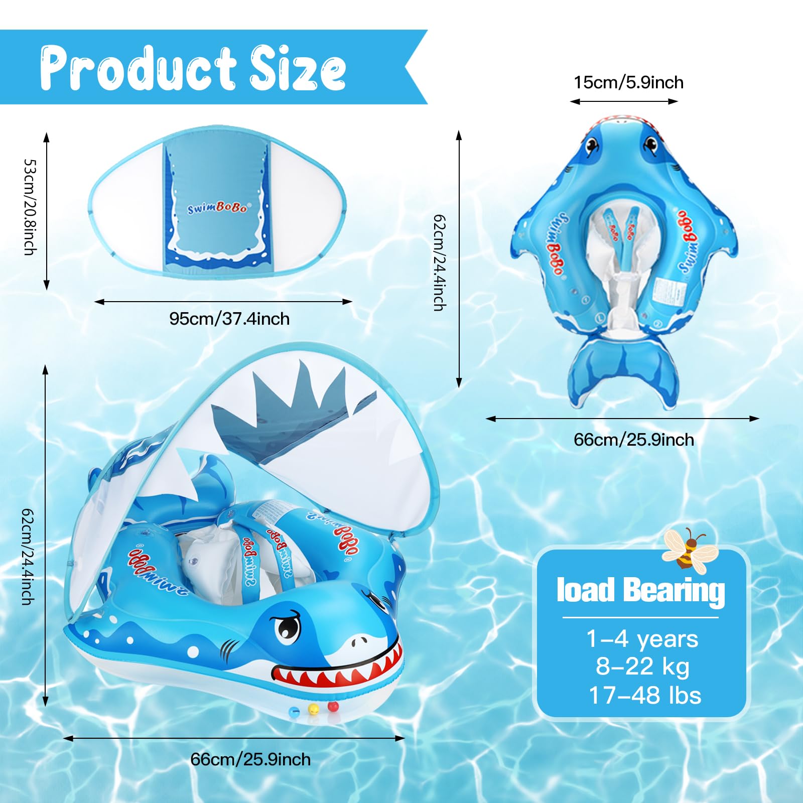 ROCKY&CHAO Schwimmring Baby mit UPF50+ Sonnenschutzdach Aufblasbare Schwimmhilfe Verstellbarer Sicherheitssitz Kleinkind Pool Schwimmring Schwimmtrainer für Kinder