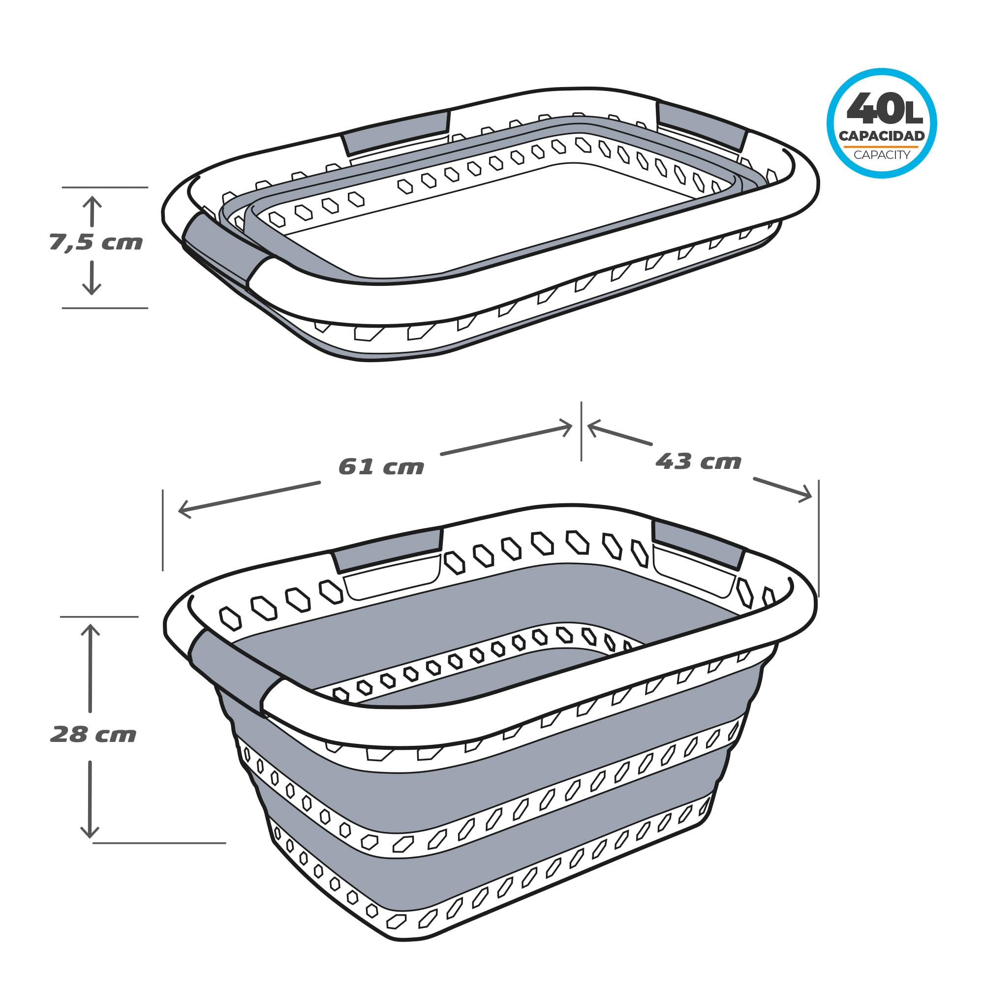 AKTIVE Cesto portabiancheria pieghevole 40 litri, Forma rettangolare, 61x43x28 cm, Pieghevole, Senza BPA, Contenitore portatile, Cesto portabiancheria pieghevole, Per casa, campeggio e picnic (63113)