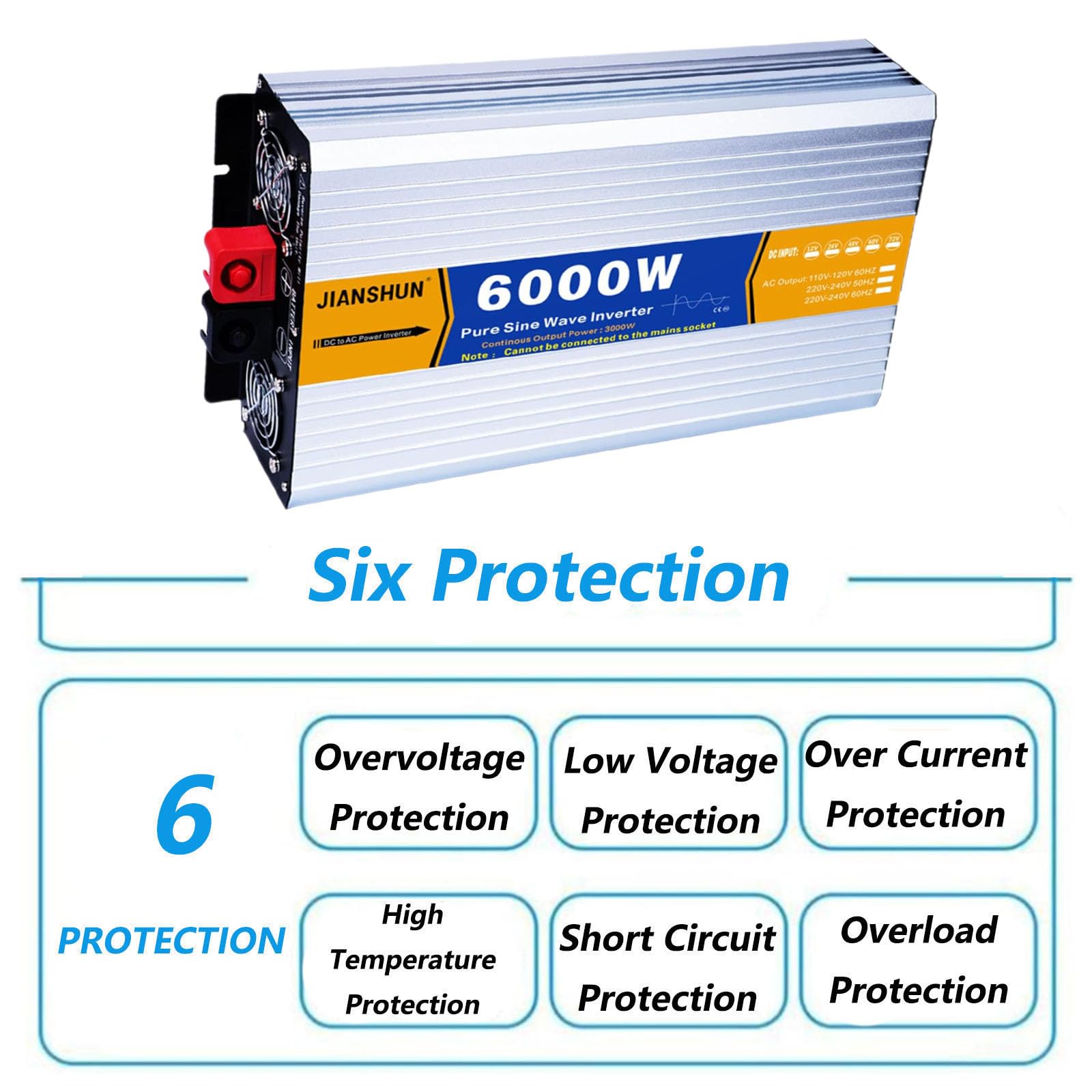 SFKLYU 6000W Czysta Sinusoida Falownik DC 12V/24V/48V/60V do AC 110/220V Samochodowy Inwerter Wtyczki Przetwornica Zasilania Z Gniazdem AC I Wentylatorem Chłodzącym,12V to 110V