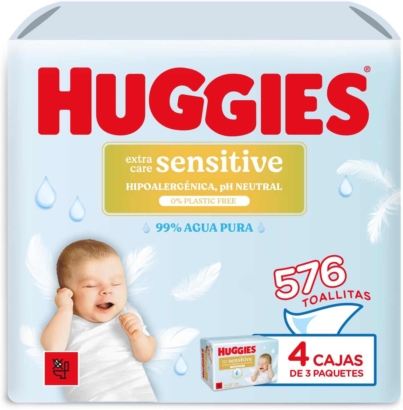 Huggies Extra Care Sensitive Toallitas para Bebé, 99% Agua Pura, 12 Packs de 48, Total 576 Toallitas