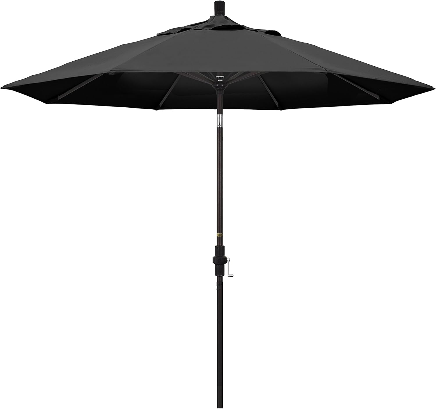 California Umbrella 9' Round Aluminum Patio Umbrella, Crank Lift, Collar Tilt, Bronze Pole, Black Olefin