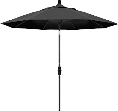 California Umbrella 9 Round Aluminum Patio Umbrella, Crank Lift, Collar Tilt, Bronze Pole, Black Olefin