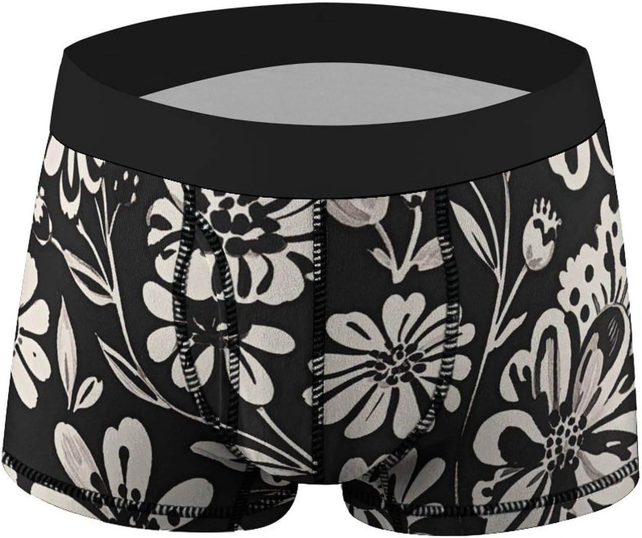 Black And White Floral Print Mens Boxer Briefs Short Breathable Underwear Trunks Soft Moisture-Wicking Boxer Shorts Novelty Underpants M