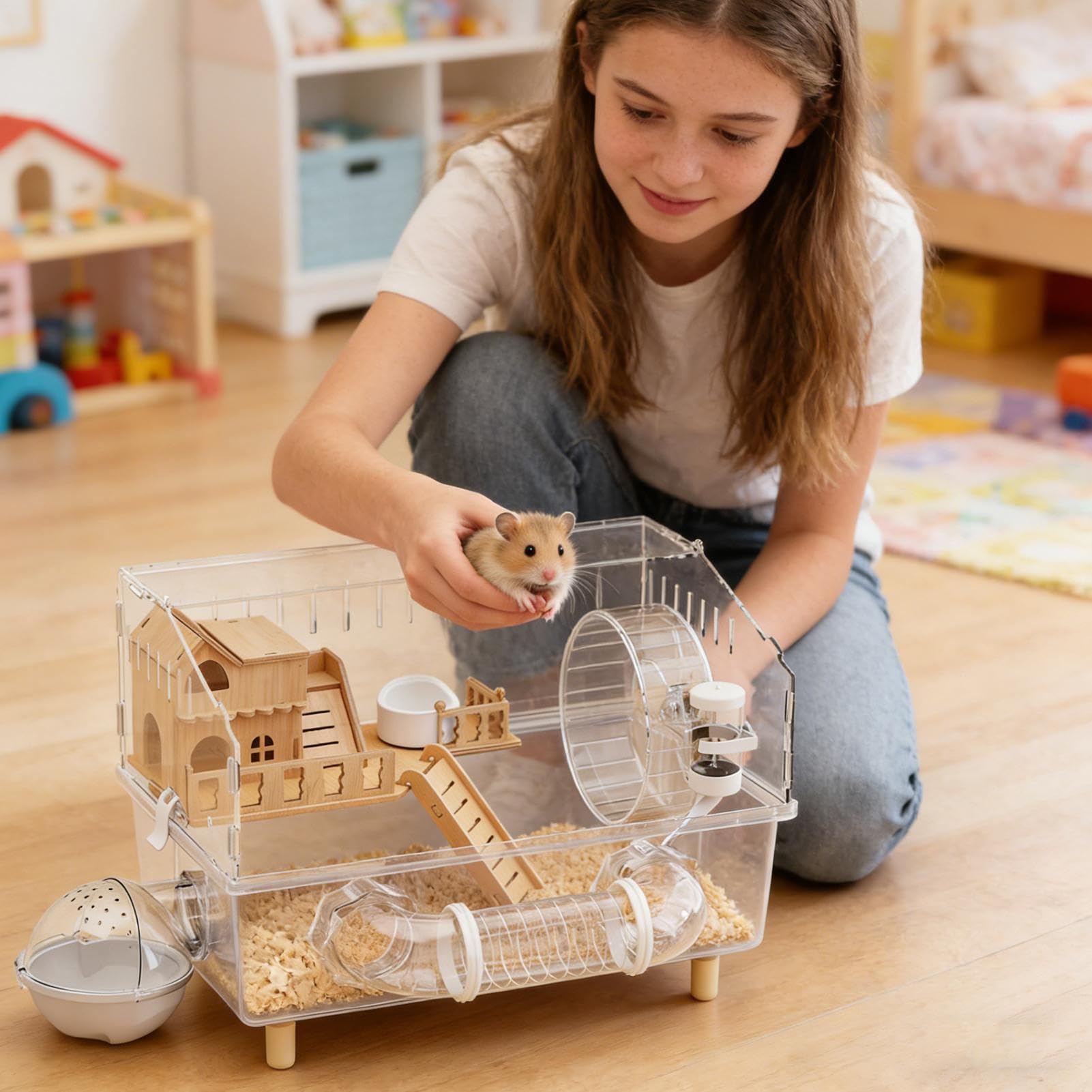 Hábitat para Hámster Hábitat Transparente de 2 Niveles con Rueda de | con Rueda de Ejercicio, Bebedero, Casa Baño Actividad Descanso Sueño Juego