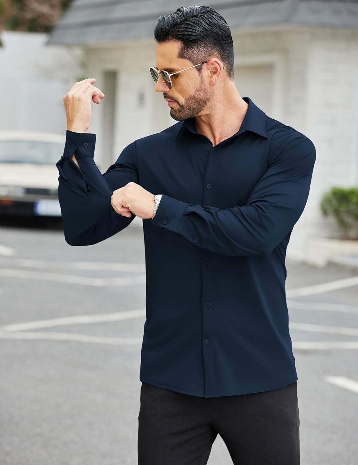 COOFANDY Mens Stretch Dress Shirts Long Sleeve Button Down Shirt Wrinkle Free Formal Business Shirts Deep Blue XX-Large image 4 of 5 B0CJJYCY81