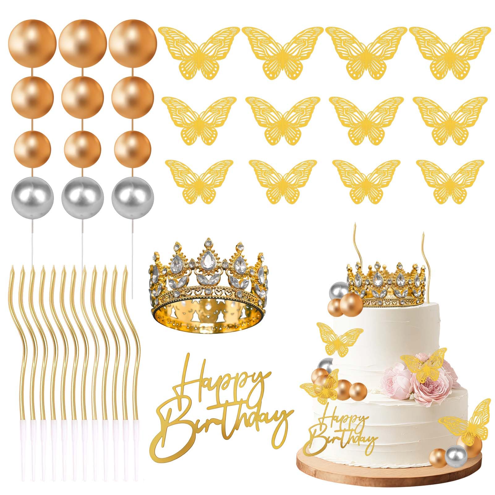 Crown Cake Decorations -38Pcs Gold Happy Birthday Cake Toppers Crown Balls Butterflies Corona para Pastel Cake Decorations for Women Princess Queen Wedding Party Decorations