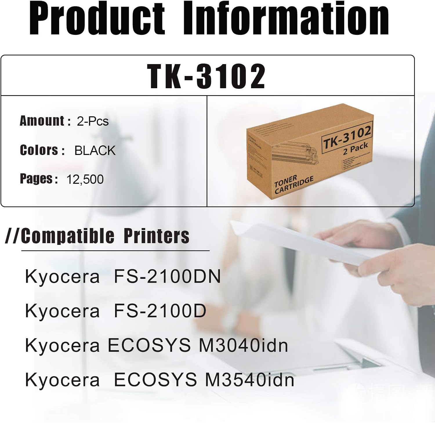 (Black 2 Pack) Compatible Toner Cartridge Replacement for Kyocera TK-3102 TK3102 1T02MS0US0 for FS-2100DN, FS-2100D, M3040idn, M3540idn Printer