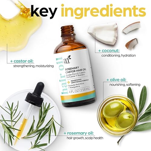 Miniatura 5 de Artnaturals Aceite orgánico de ricino de romero + masajeador Set  4 onzas con coco y aceite de oliva para puntas secas, dañadas y abiertas