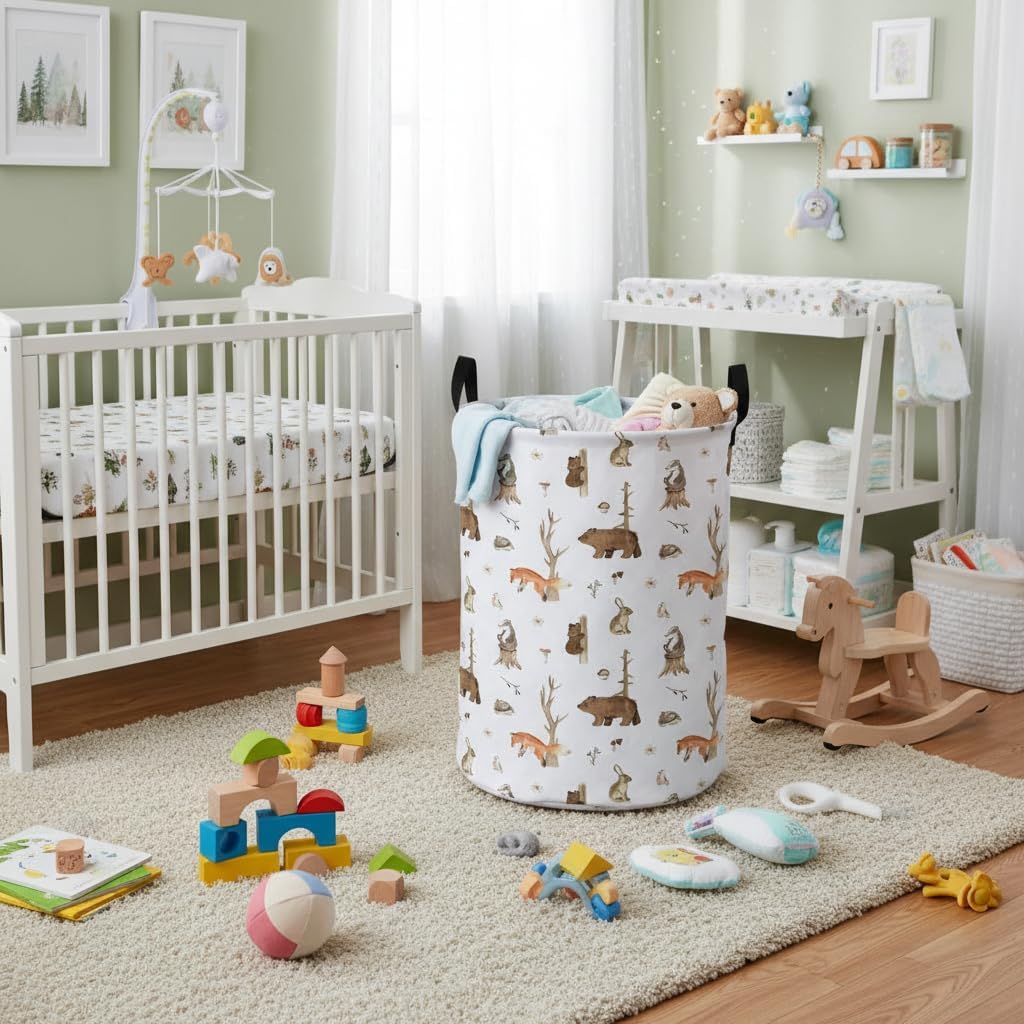 Baby Laundry Basket Kid Laundry Hamper for Dirty Clothes Toy Organizer Kid Nursery Room Decor Storage Basket (Bear Fox Jungle) image 5
