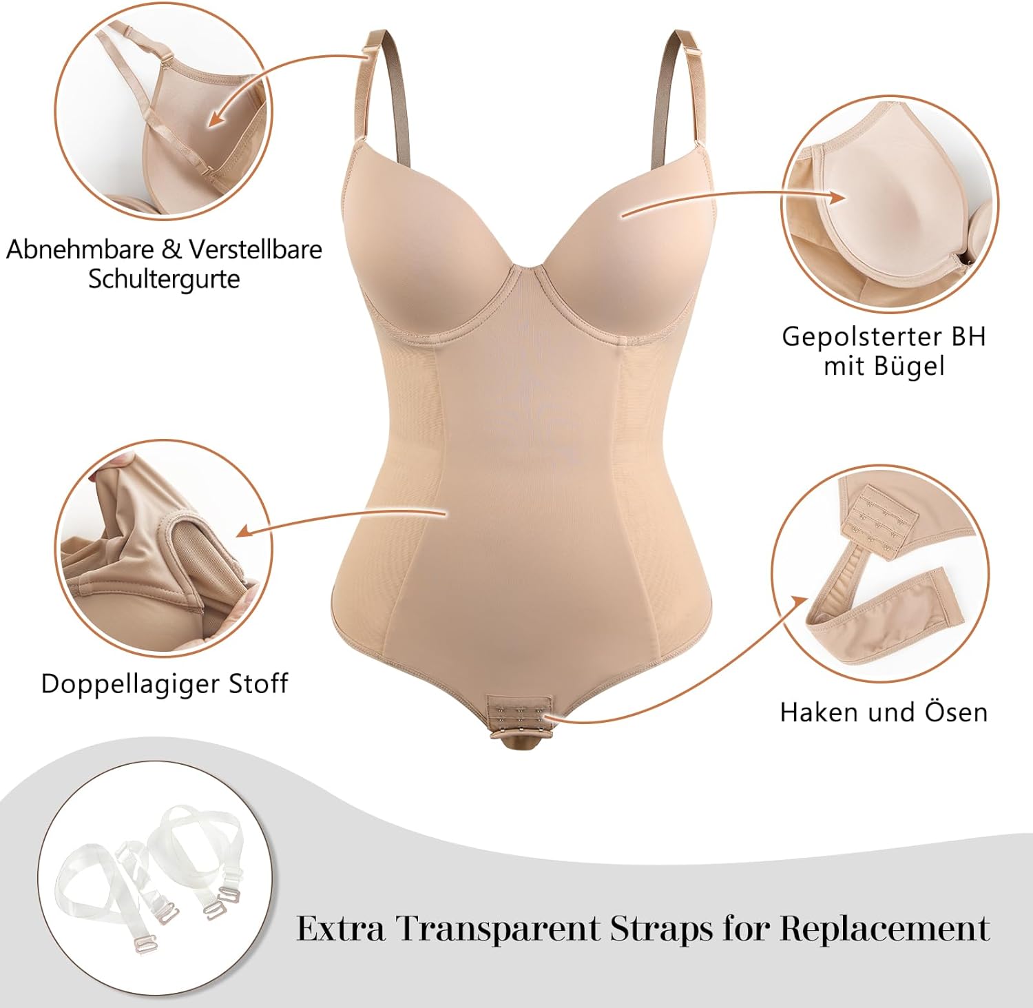 SHAPERIN Rugvrij vormende bodysuit dames shapewear buikweg body met push-up beha body shaper diepe U-hals, zwart, L