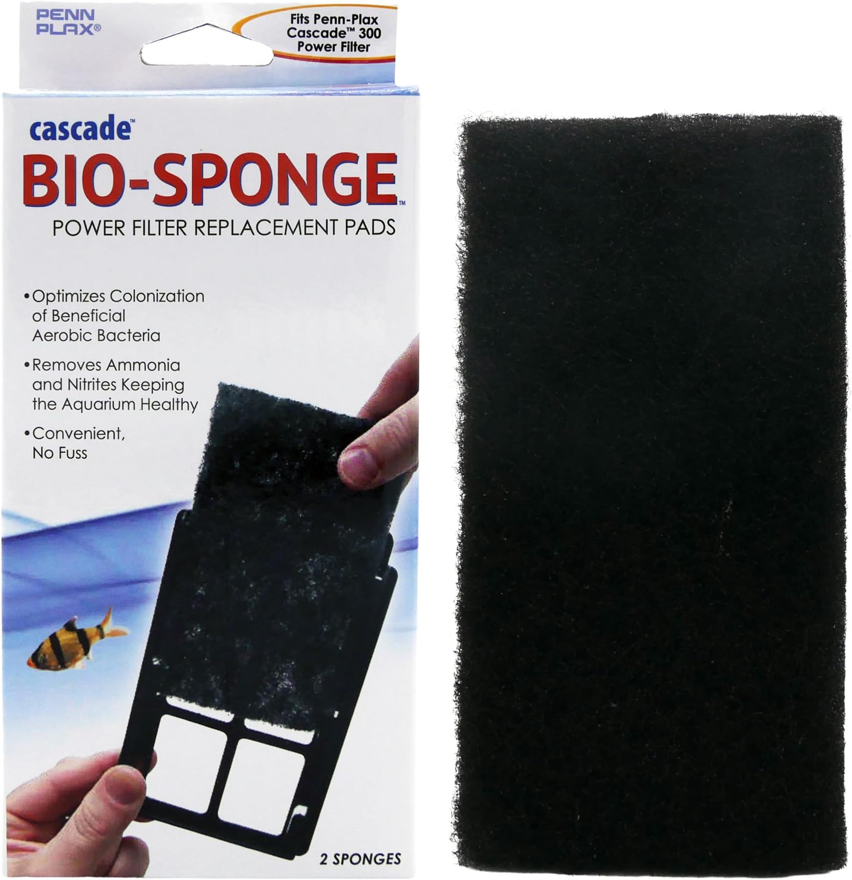 Cascade 300 Power Filter Replacement Bio Sponge, 2 Pack -Durable Aquarium Filter Media Compatible with Cascade Power Filters -Improves Water Flow & Filtration Efficiency -Black, 7 x 1 x 5 In