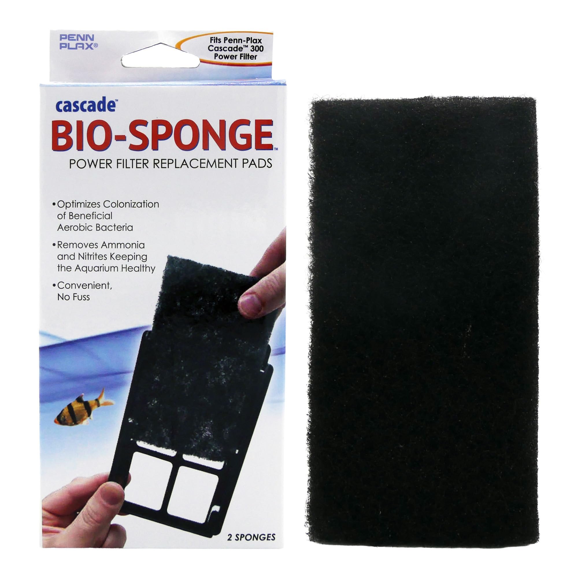 Cascade 300 Power Filter Replacement Bio Sponge, 2 Pack -Durable Aquarium Filter Media Compatible with Cascade Power Filters -Improves Water Flow & Filtration Efficiency -Black, 7 x 1 x 5 In