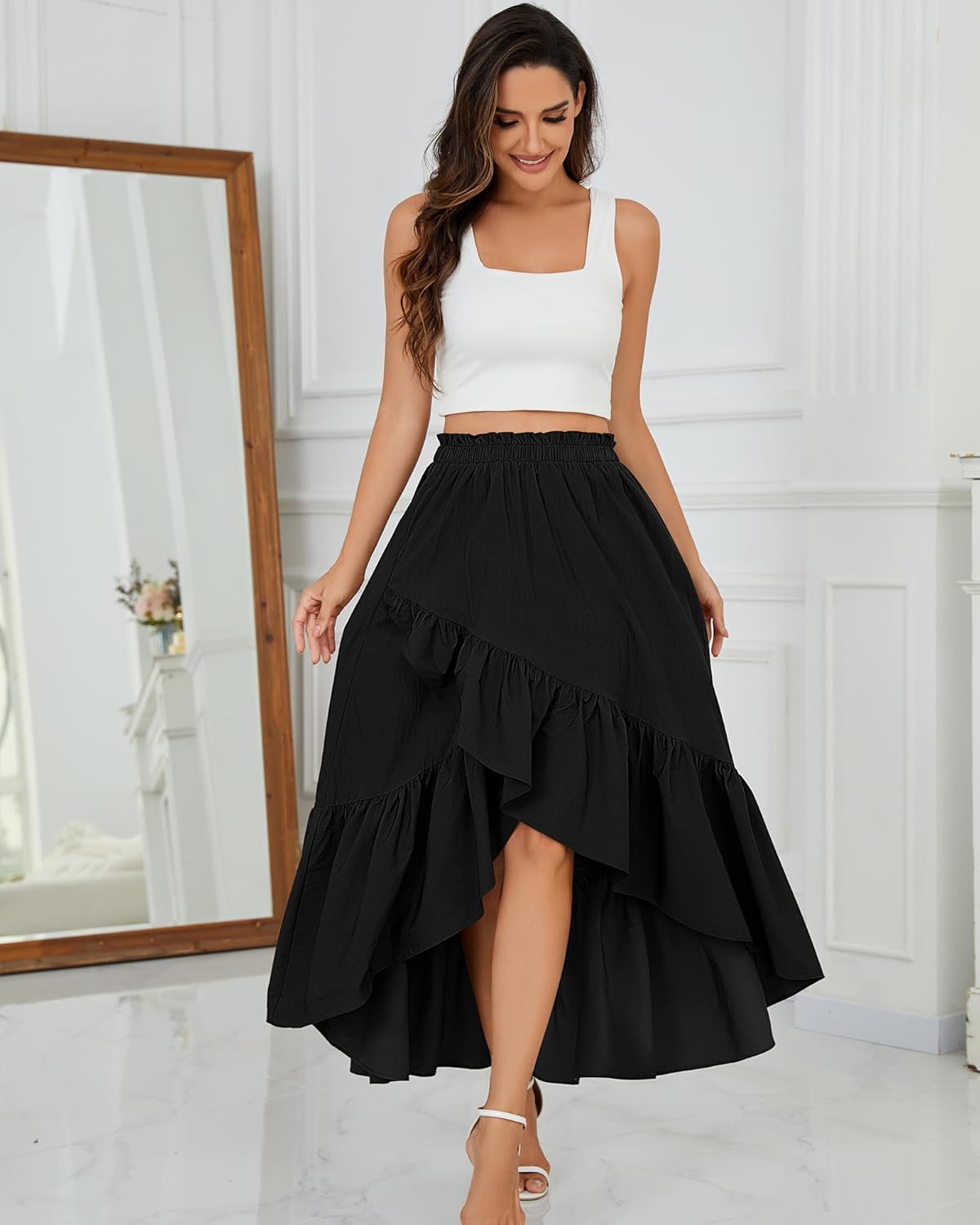 Bsubseach Women Western Asymmetrical Wrap Maxi Skirt, Ruffle Slit Flowy High Low Boho Midi Skirt - Image 3