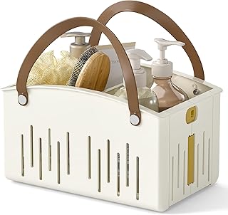 Delamu Portable Shower Basket Caddy with Double Handle Foldable Dry Wet Separation Design 11.0 × 7.1 × 6.5in, Travel, Camping, Gym, College Bathroom Tote, White, Ideal Christmas Gifts for Girls