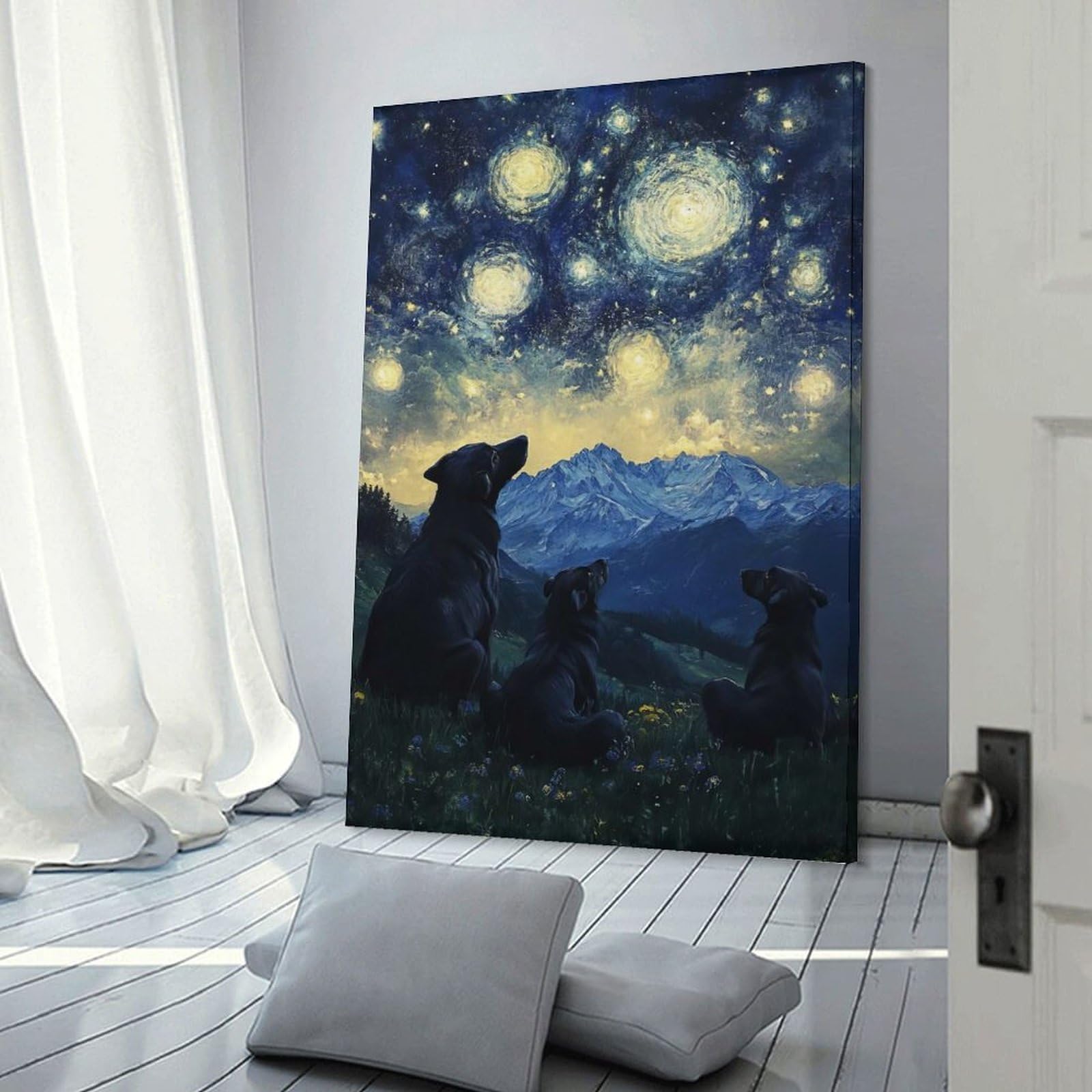 Junmoney Starry Night Dogs Wall Decor Canvas Print 16x24inch(40x60cm), for Lounge, Study, Hallway Or Flat Walls, Decorative Artwork with Broad Appeal