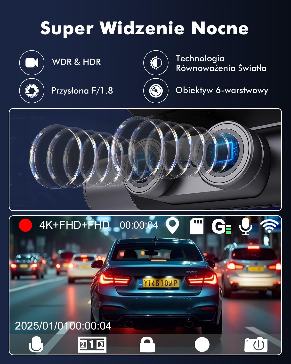 3-Kanałowa Kamera Samochodowa, 4K UHD Z przodu + Full HD Z tyłu + Wnętrze, Kamera samochodowa z 24-godzinnym trybem parkingowym, WiFi 6 i GPS, Dashcam IPS 3 cale z kartą 64 GB (V1)