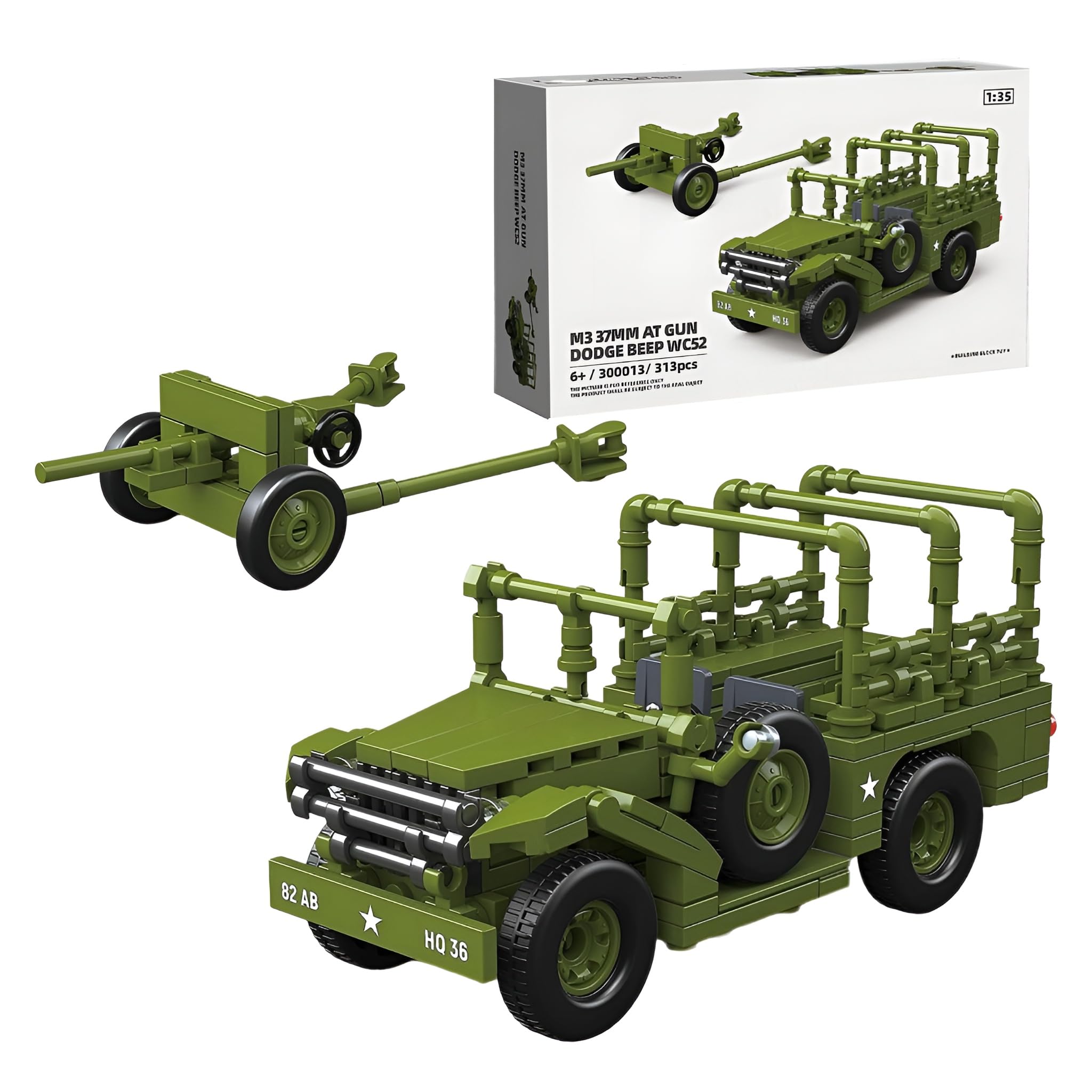 Military Tank Building Block Set, 313PCS M3 37mm AT Gun Dodg Beep WC52 Bricks Kit, 1:35 Scale WW2 Military Vehicle