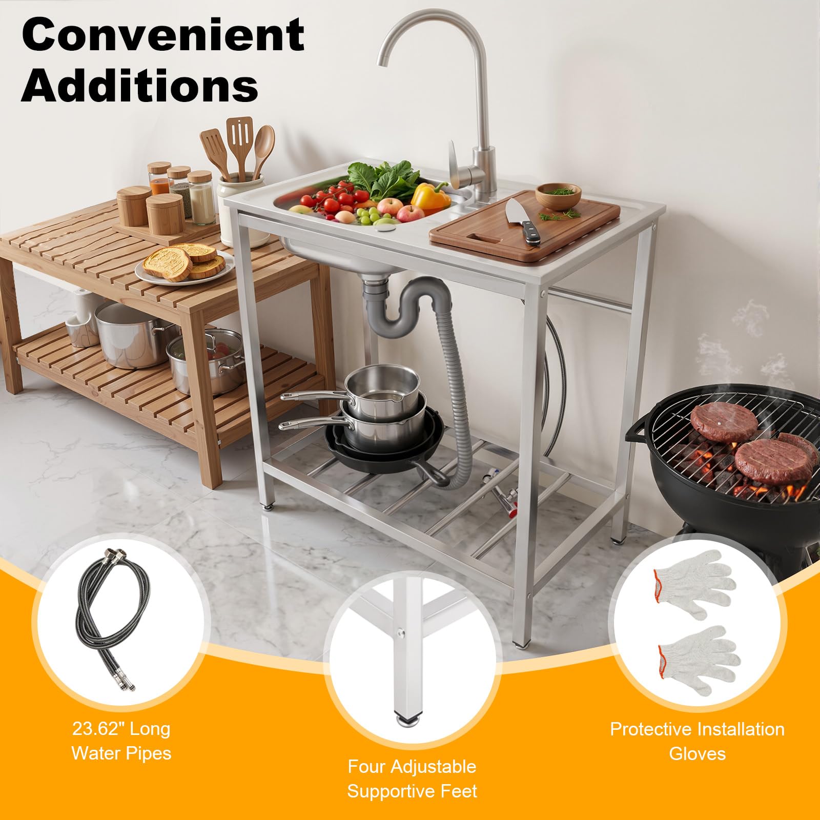 Fregadero independiente de acero inoxidable con grifo, fregadero de cocina para exteriores con encimera, 75 x 40 x 75 cm, lavabo profundo, patas ajustables en altura, para jardín, terraza, camping