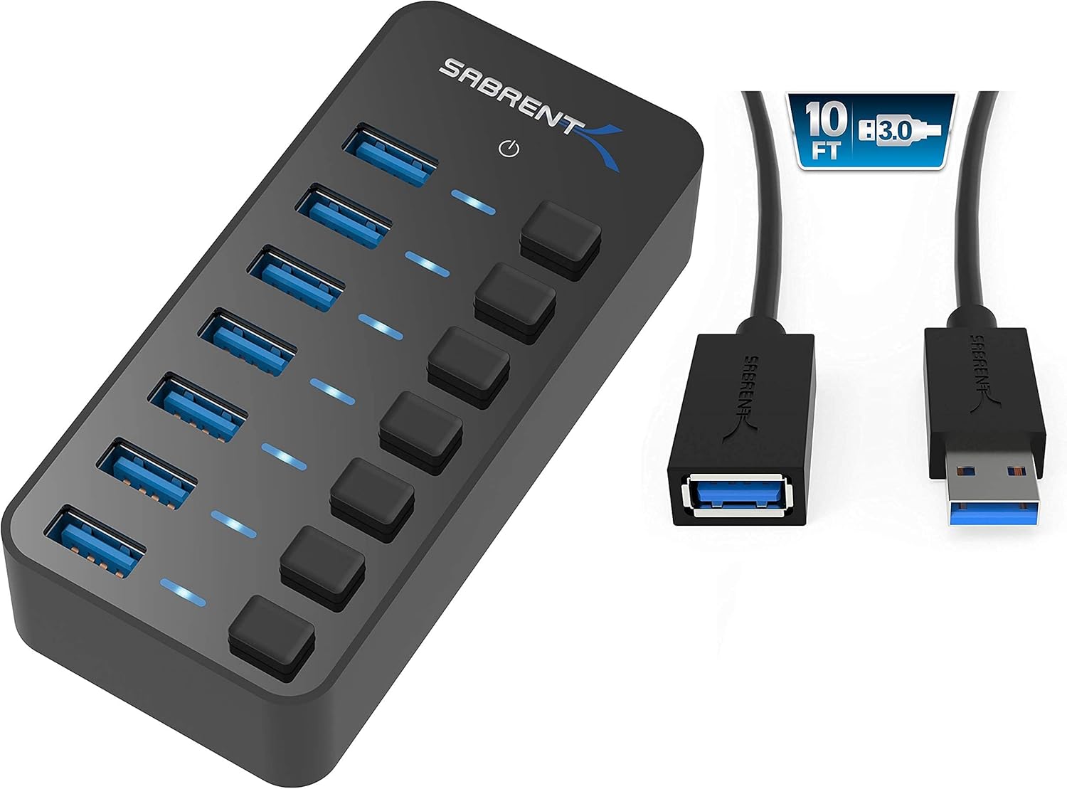 7 Port USB 3.0 Hub with Individual Power Switches and LEDs Includes 36W 12V/3A Power Adapter + USB 3.0 Extension Cable A Male to A Female [Black] 10 Feet