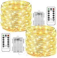 Vista 1 de Homemory Paquete de 2 guirnaldas de 100 luces LED de 33 pies, funciona con pilas, con control remoto, impermeable, 8 modos de luciérnaga, luces