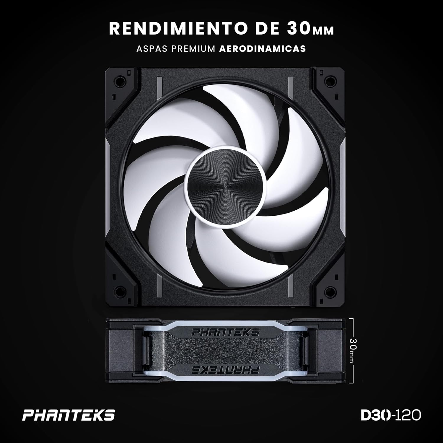 Side profile of Phanteks D30-120 fan showing its 30mm thickness.
