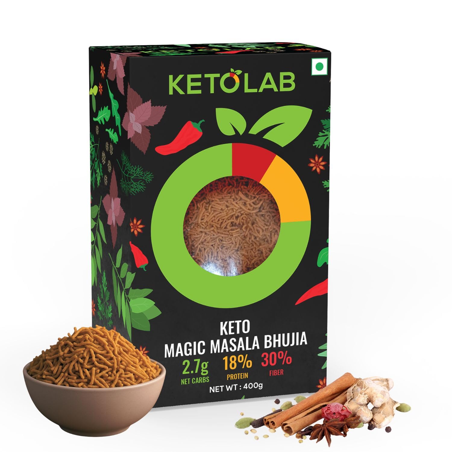 Ketolab Keto Bhujia (Magic Masala), 400 Gms, 1 Pack, 2.7g Net Carb & 18% High Protein/Serv, Identical to Regular Bhujia, Low Carb, High Fibre, Low GI, Keto Diet, Weight Loss, Diabetic Friendly