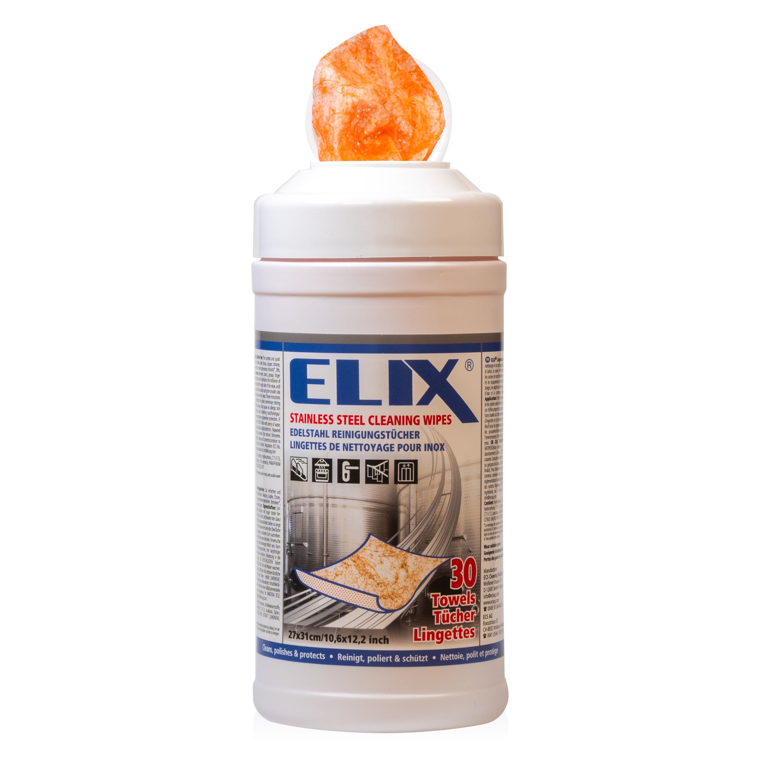 ELIX Salviette Umidificate per la Pulizia dell’ Accacio Inox - per Acciaio Inox, Alluminio, Ceramica, Cromo, Rame e Ottone - 30 Pezzi in Dispenser - Panni Umidi 27 * 31cm - Resistenti ed Efficaci