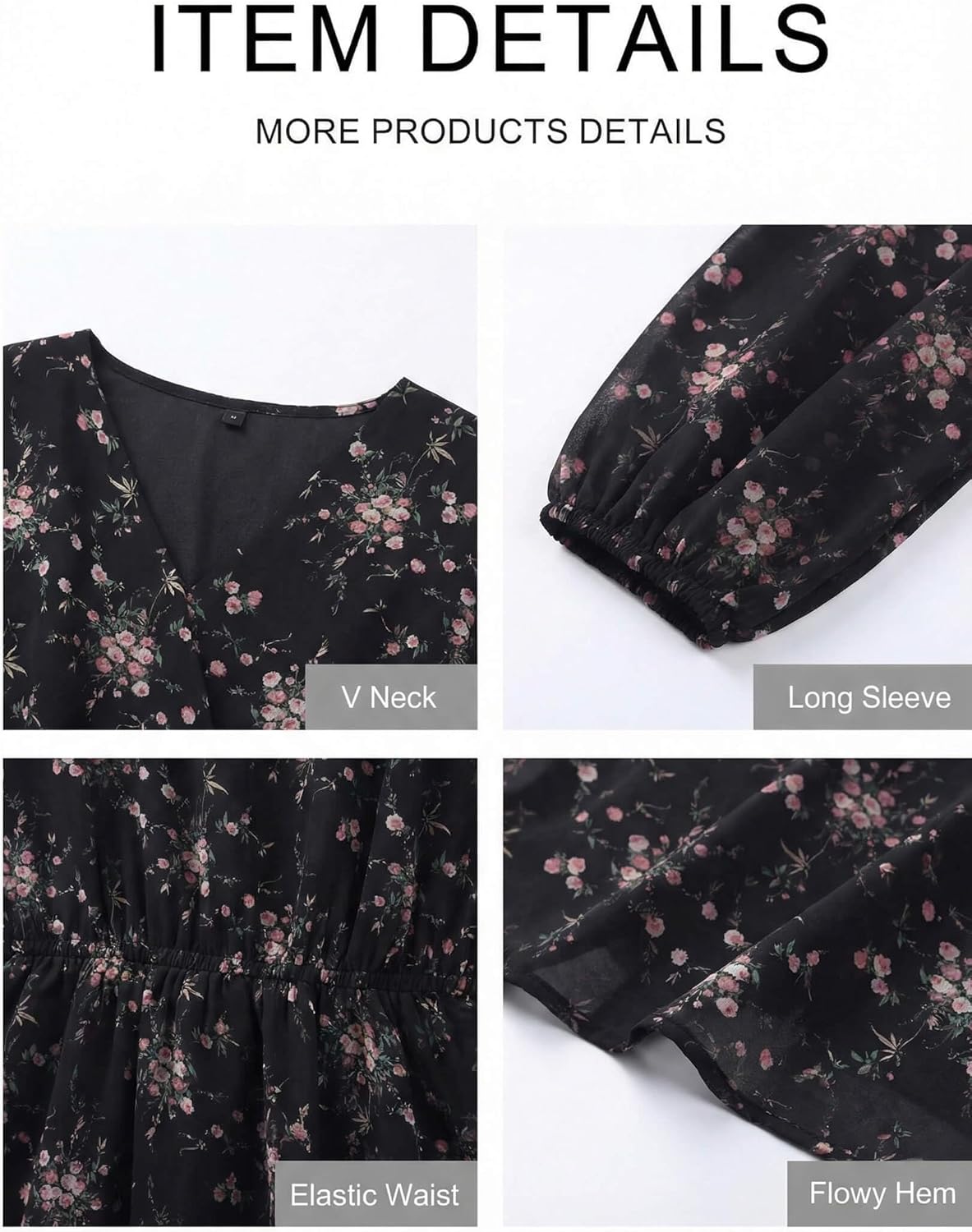 DERAX Women's Boho Floral Mini Dresses Fall V Neck Chiffon Long Peasant Sleeves 2026 Spring Short Dress - Image 4