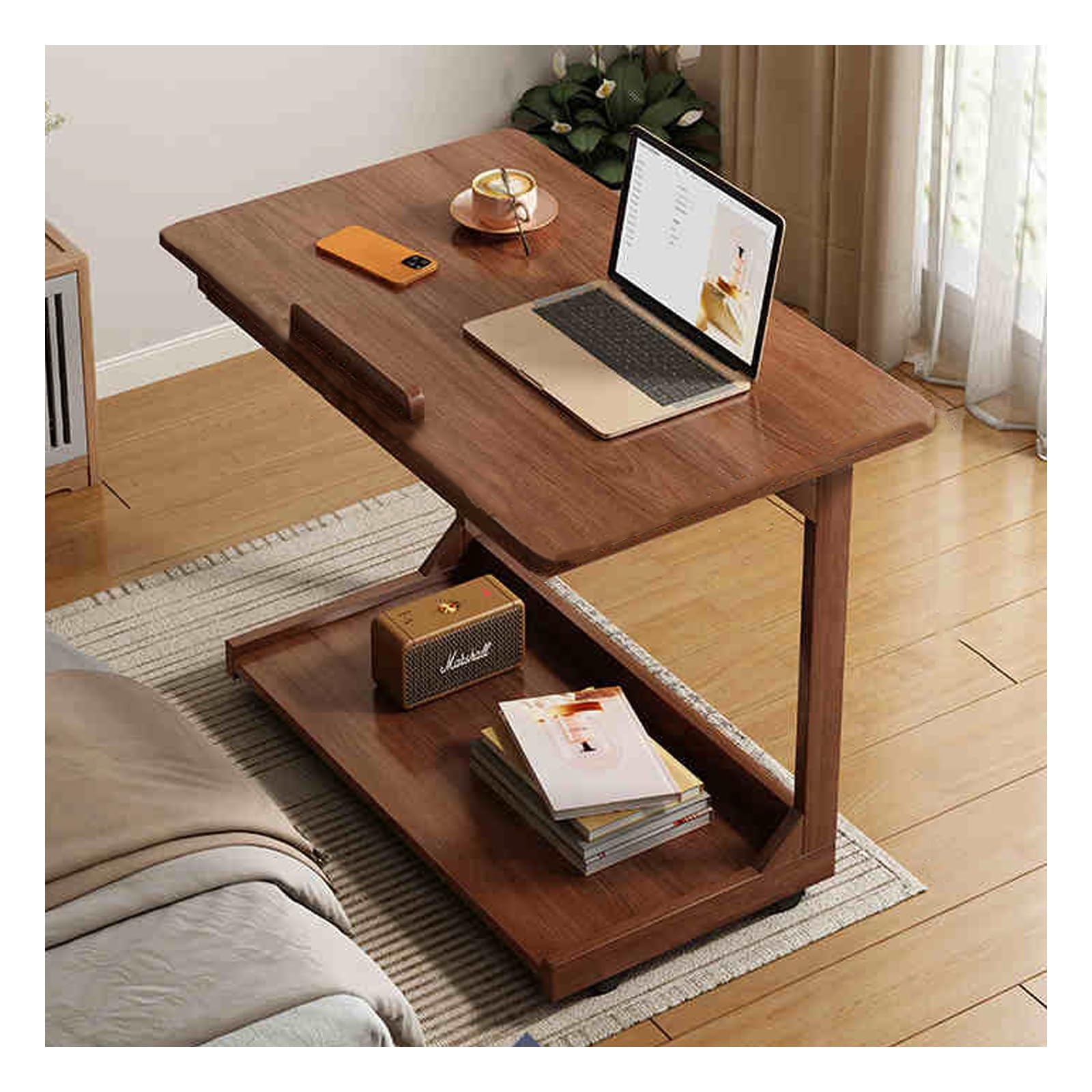 Table d'appoint pivotante à 360° avec plateau réglable en C et finition noyer de 80 cm