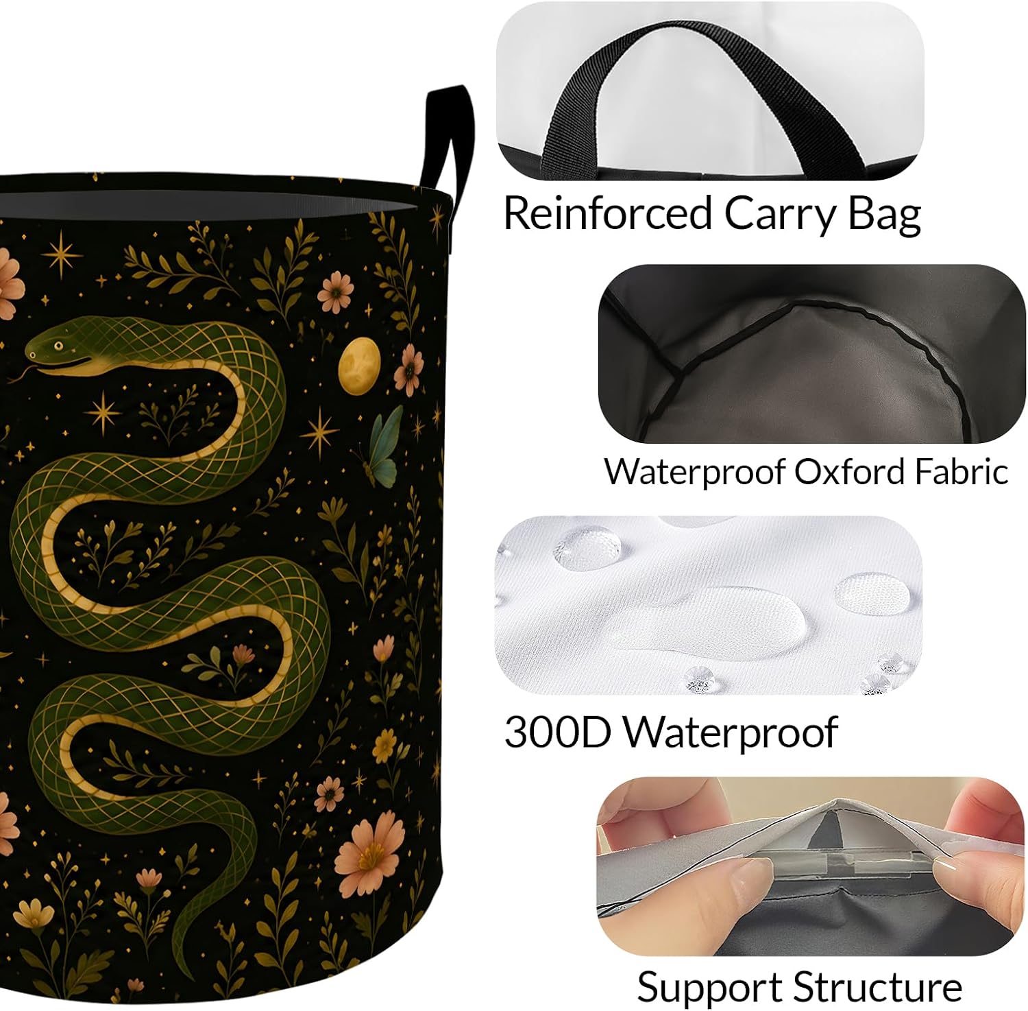 Mystic Snake Garden Laundry Basket, Serpent Moon Decorative Gifts Storage Hamper, Waterproof Oxford Cloth Collapsible Bin, 19.7 * 15.7 Inch Botanical Star Clothes Organizer for Home